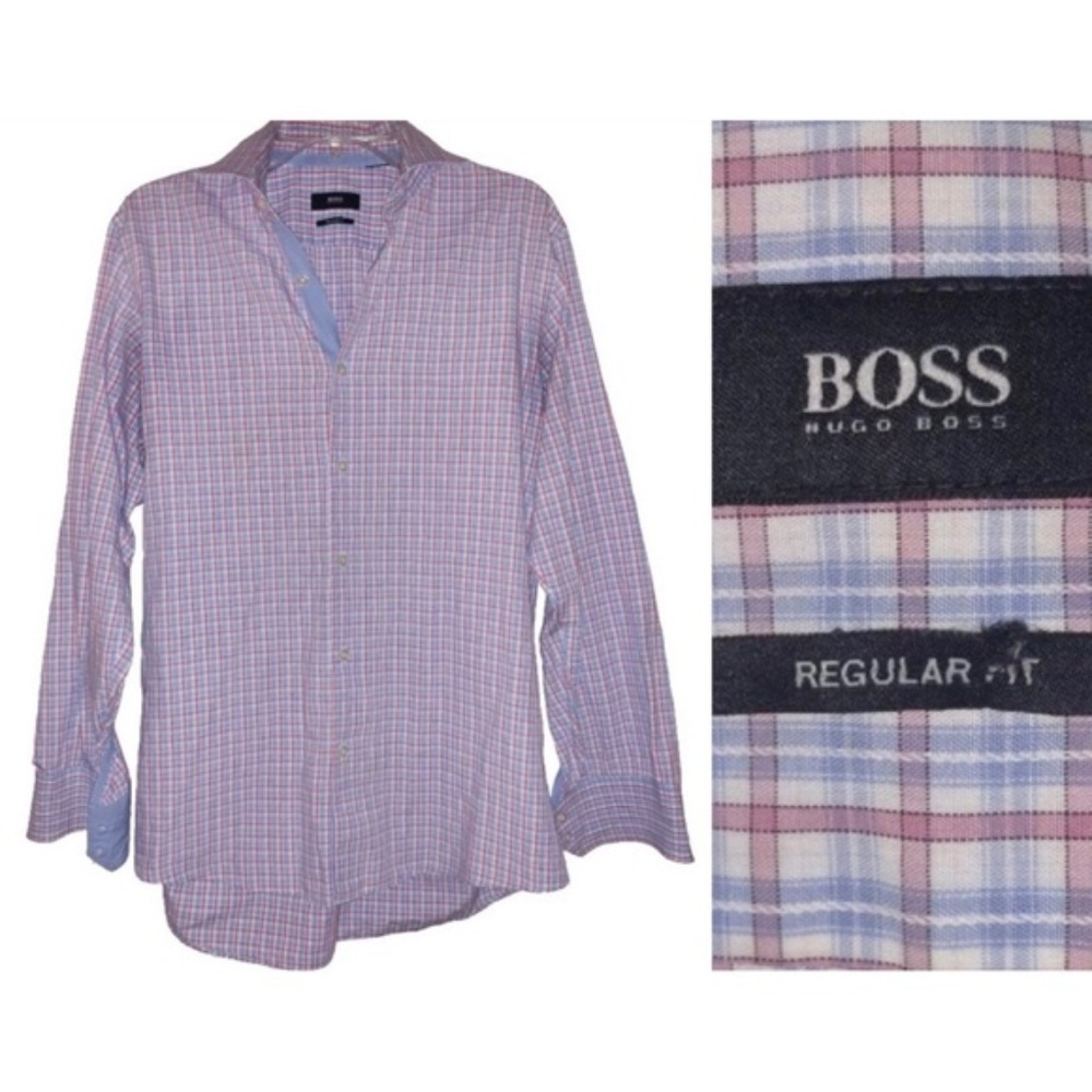 BOSS HUGO BOSS Blue Peach Plaid Dress Shirt Medium